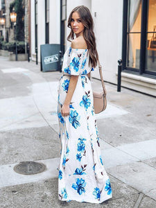 2018 New Floral Print Off Shoulder Short Sleeve Side Split Maxi Long Dress