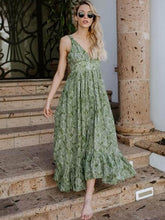 Load image into Gallery viewer, Floral Green Spaghetti-Strap V-Neck Leaves Maxi Dress