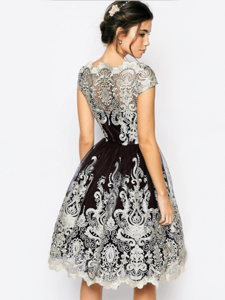 Elegant Lace Cap Sleeve Midi Dress Evening Dress