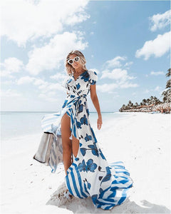 Printed V Neck Short Sleeve Bohemia Beach Maxi Dress