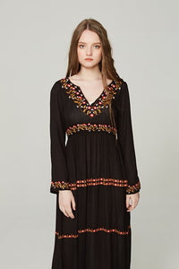 Elegant V Neck Long Sleeve Embroidered Bohemia Maxi Long Dress