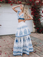 Load image into Gallery viewer, Print V Neck Sleeveless Tops High Waist Skirt 2 Pieces Set