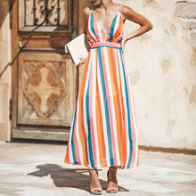 Load image into Gallery viewer, Colorful Striped Print V Neck Backless Sexy Long Dress