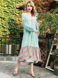 Bohemia Floral V Neck Long Sleeve Maxi Dress