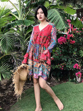Load image into Gallery viewer, Boho Floral Printed Flare Long Sleeve Drawstring Waist Mini Dress