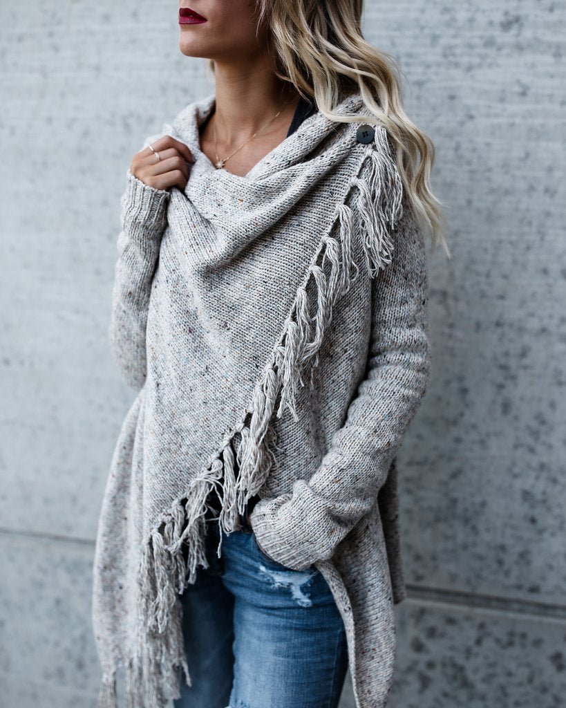 Knit Long Sleeve Tassel Irregular Sweater