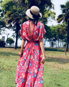 Floral V Neck Short Sleeve Bohemia Maxi Dress