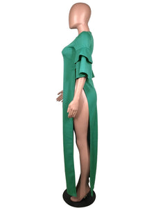 Fashion Short Ruffle Sleeve High Split Maxi Tops Shirt Dress