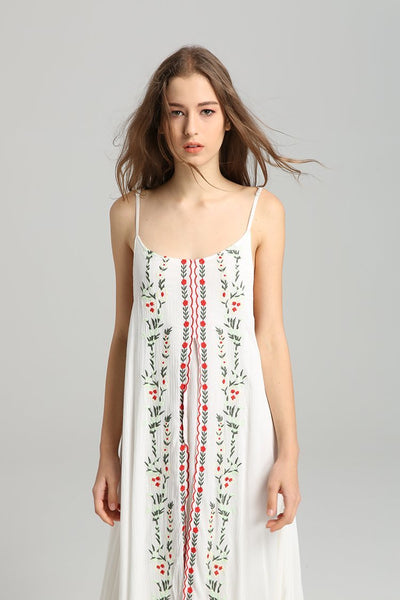 Spaghetti Strap Print Embroidered Bohemia Beach Maxi Dress