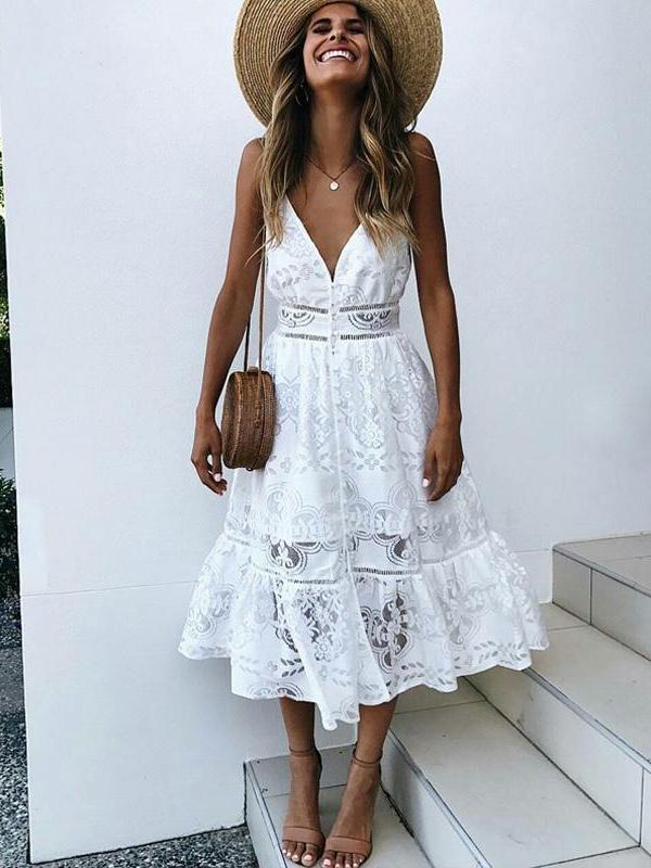 Sexy Deep V Neck Lace Summer White Midi Dress – boholooks