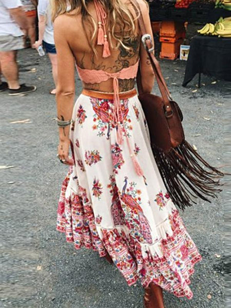 Bohemian Tribal Floral Skirt Knee Lengt Summer Beach Long Casual Skirt