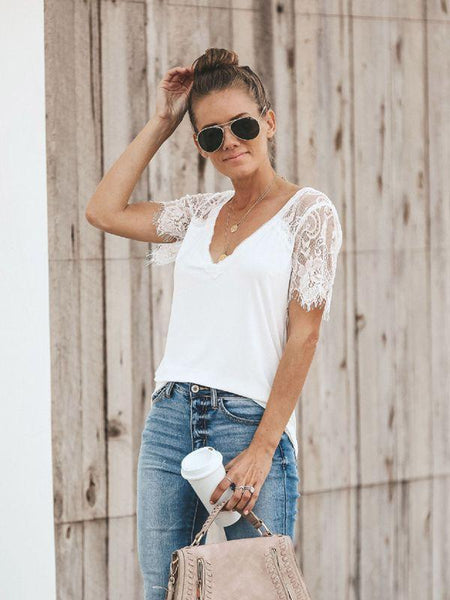 Sexy V-neck Lace Stitch Short-sleeved T-shirt top