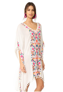 Floral Embroidered Beach Batwing Sleeve Boho Loose Cover-Up Dress