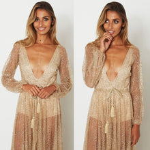 Load image into Gallery viewer, Sexy Deep V Sequin Perspective Long Sleeve Holiday Dress