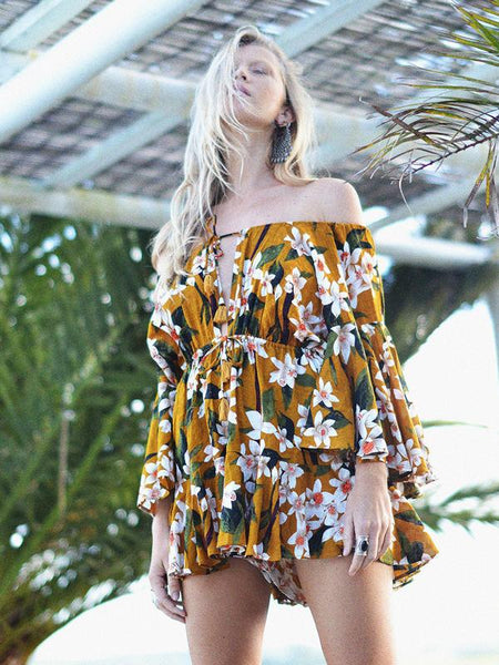 Bohemia Floral Print Off Shoulder Lace up Mini Dress