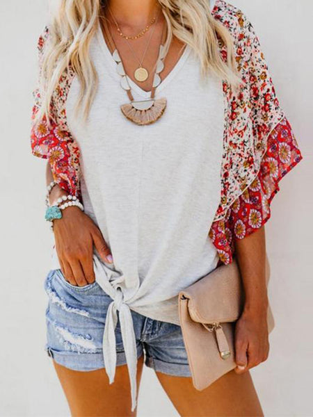 Boho Printed Geometric Irregularity Short-Sleeved Blouse Tops