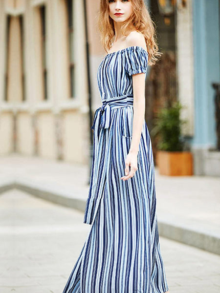 Beach Off the Shoulder Stripes A-Line Pocket Lace Up Maxi Dress