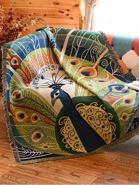 Rustic Style Jacquard Peacock Tassel Throw Blanket