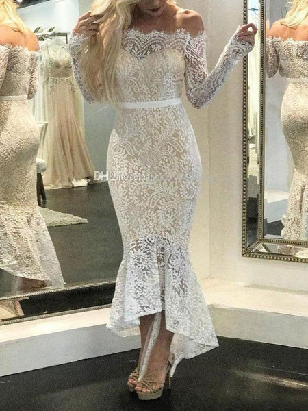 Sexy One-Shoulder Lace Long-Sleeved Bodycon Dress Midi-Dress