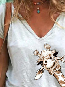 Women Simple Animal Printed V Neck Short Sleeve Tops
