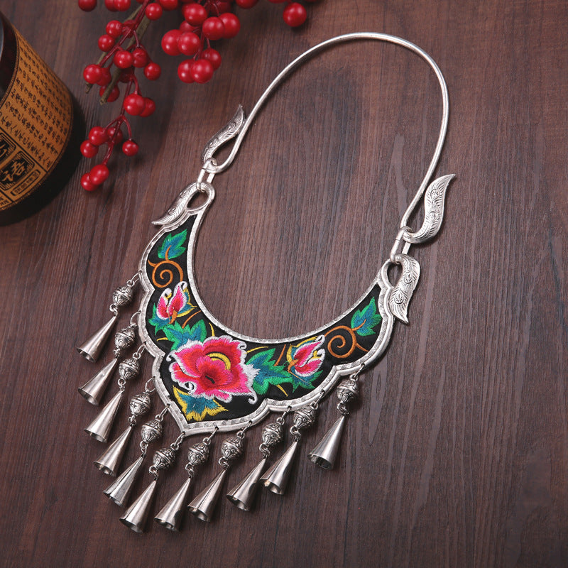 Ethnic Style Exaggerated Miao Silver Embroidery Collar Retro Bell Long Necklace