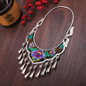 Ethnic Style Exaggerated Miao Silver Embroidery Collar Retro Bell Long Necklace