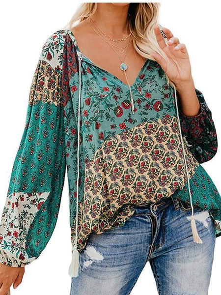 Women Autumn Blouse Floral Print Long Loose V-neck Pullover Drawstring Shirt