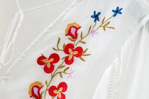 New Embroidered Tassel V Neck Trumpet Sleeve Belted Mini Dress