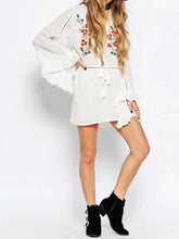 Load image into Gallery viewer, New Embroidered Tassel V Neck Trumpet Sleeve Belted Mini Dress