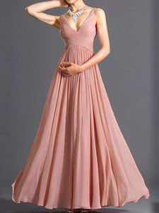V-Neck Ruched Plain Evening Dress