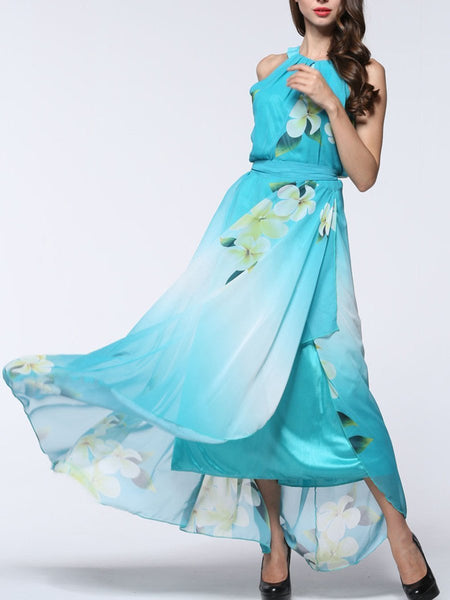 Pretty Sky Blue Floral Plus Size Sleeveless Halter Maxi Dress