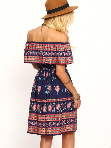 Off-the-Shoulder Beach Floral-Print Bohemia Mini Dress