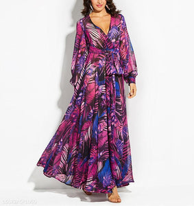 Lantern Sleeve V Collar Leaf Print Dress