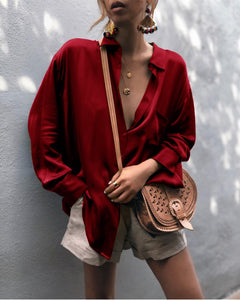 Solid Color Loose Casual Sexy Fashion LongSl eeve Shirt