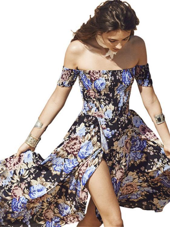 Bohemia Floral-Printed Off-the-shoulder Split-side Maxi Dress