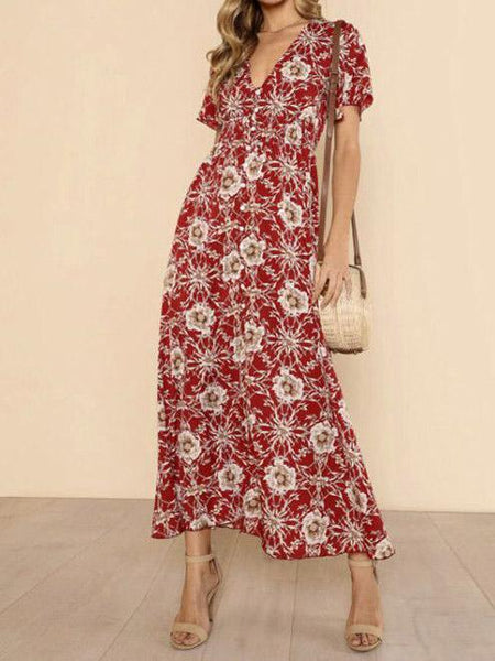 Floral Print V Neck Short Sleeve Beach Maxi Dress