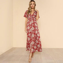 Load image into Gallery viewer, Floral Print V Neck Short Sleeve Beach Maxi Dress
