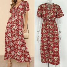 Load image into Gallery viewer, Floral Print V Neck Short Sleeve Beach Maxi Dress