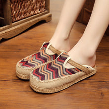 Load image into Gallery viewer, Colorful round toe shoes Thai handmade cloth shoes linen straw weaving art department college Style Slippers