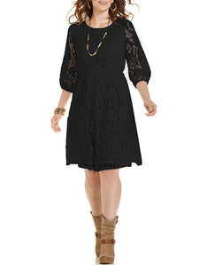 Elegant Black Lace 3/4 Sleeve Plus Size Midi Dress Evening Dress
