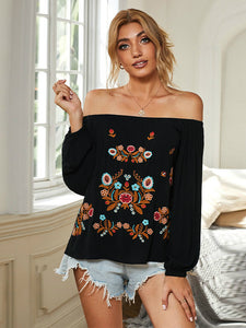 Off-the-shoulder Low Neckline Long Sleeve Blouse Women's Autumn Loose Plus Size Embroidered Pullover