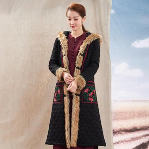 Autumn Winter New National Style Chinese Embroidery Cotton  Fur Collar Hooded Coat