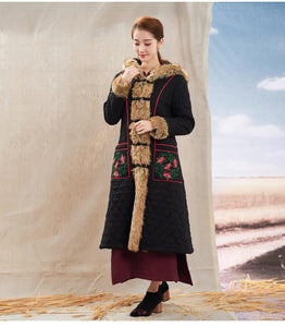 Autumn Winter New National Style Chinese Embroidery Cotton  Fur Collar Hooded Coat
