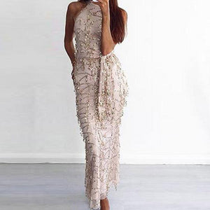 New Summer Hanging Neck Strap Sexy Tassel Sequined Maxi Dress