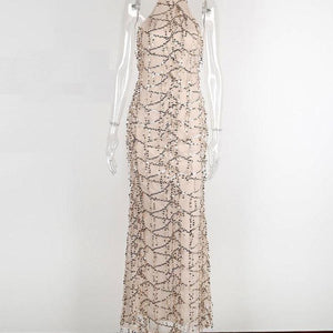 New Summer Hanging Neck Strap Sexy Tassel Sequined Maxi Dress