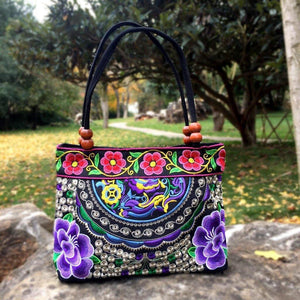 Small Peony Embroidery Ethnic Travel Women Shoulder Bags Handmade Canvas Wood Beads Handbag - hiblings