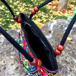 Small Peony Embroidery Ethnic Travel Women Shoulder Bags Handmade Canvas Wood Beads Handbag - hiblings
