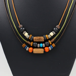 Vintage bohemian folk style multi-layer colorful wood bead necklace Long fashion sweater chain