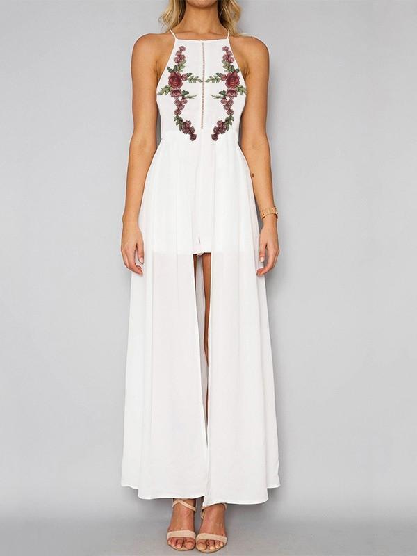 Fashion White Bohemia Floral Sleeveless Front Split Maxi Dress