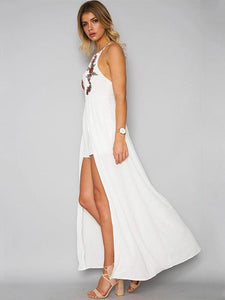 Fashion White Bohemia Floral Sleeveless Front Split Maxi Dress